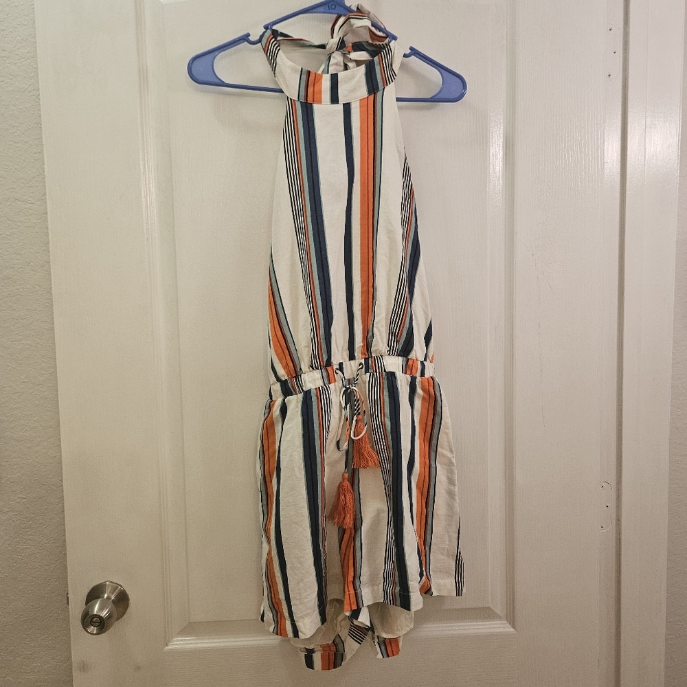 MOON RIVER women's size L Large backless striped romper 55% linen